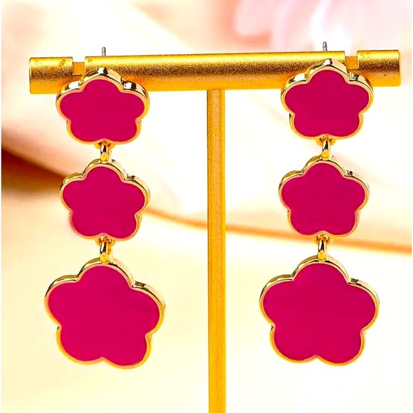 PINK FLOWER DESIGN LONG DANGLE EARRINGS RETRO BOHEMIAN STYLE JEWELRY NEW - Picture 4 of 5